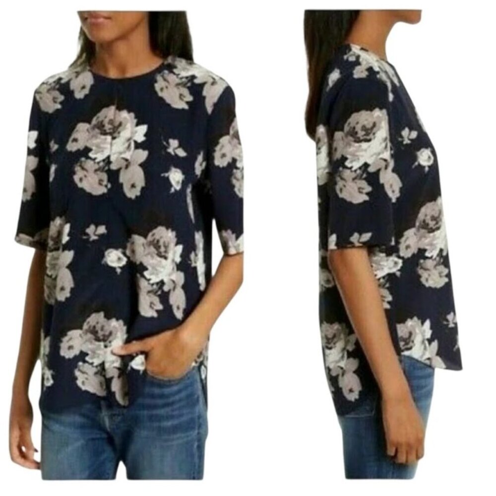 THEORY Antazie Crepe De Chine Top, Blue White Floral 100% Silk Boho MSRP $275, M